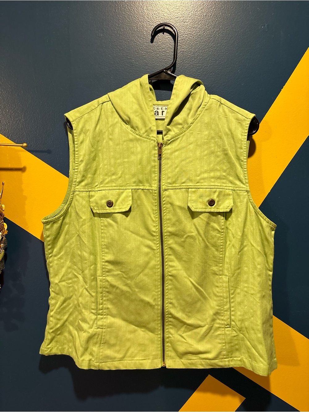 Vintage Keren Hart Lime Green Hooded Denim Vest EUC